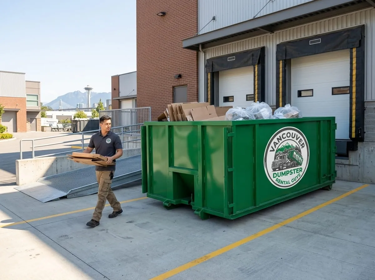 Worker beside a commercial roll-off dumpster from Vancouver Dumpster Rental Guys in Vancouver, WA