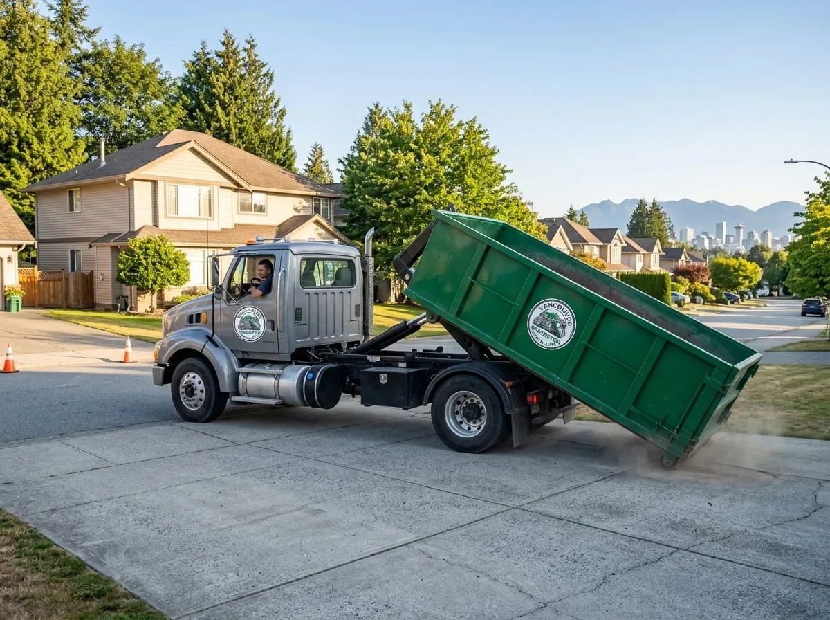 Same-day dumpster delivery in Vancouver, WA Vancouver Dumpster Rental Guys truck delivering a roll-off dumpster to a Vancouver WA driveway