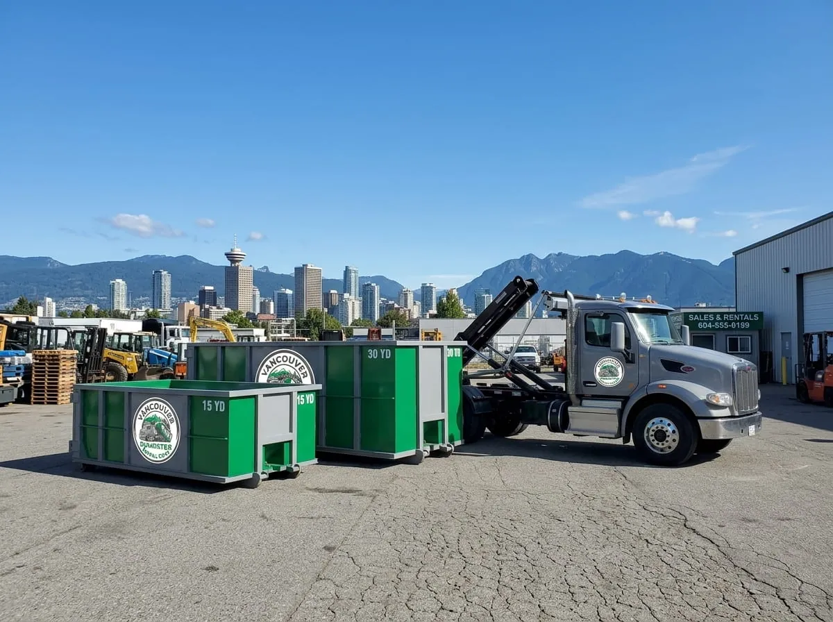 Vancouver Dumpster Rental Guys fleet of roll-off dumpsters and trucks in Vancouver, WA