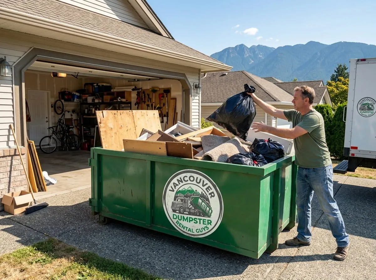 Junk removal in Vancouver, WA Workers loading furniture and junk into a dumpster in Vancouver, WA