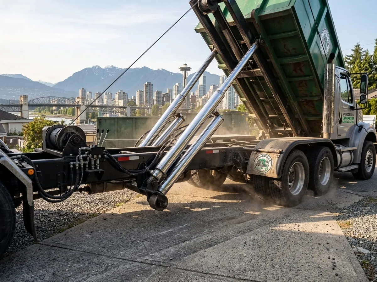 Heavy demolition dumpster being loaded onto a truck in Vancouver, WA